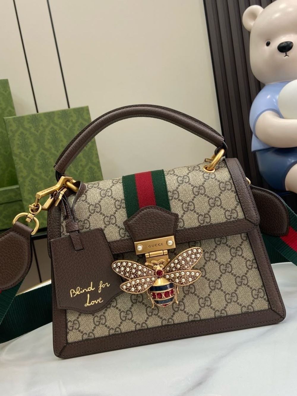 Gucci Brown GG Supreme Top Handle Bag with Bee Detail